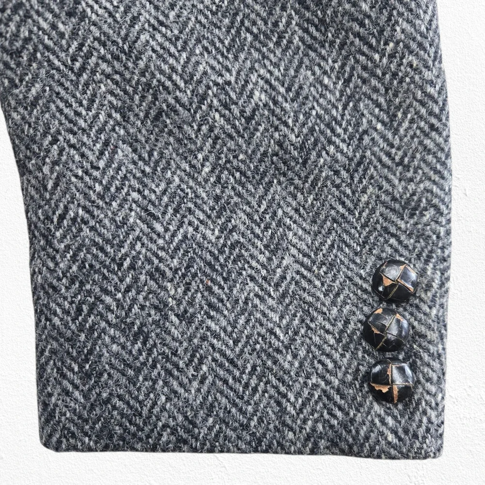 Vintage 50s Harris Tweed Wool Blazer Gray Navy Herringbone USA Made Size 42R